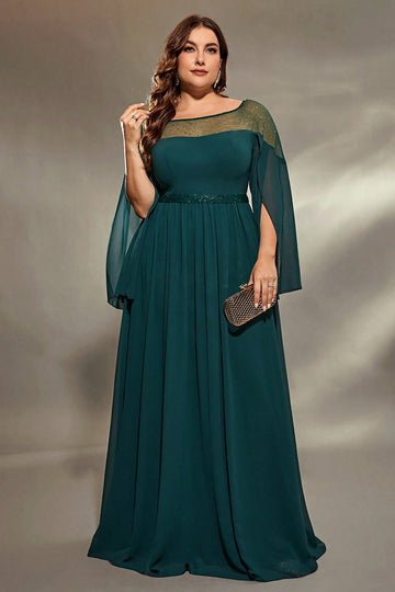 Mousseline de soie bleu paon scintillant longue robe mère de la mariée avec perles